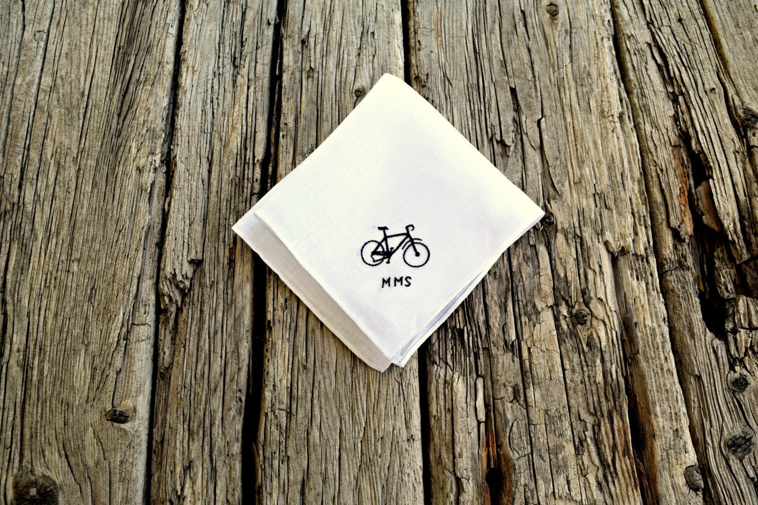 White Irish linen pocket square hand embroidered with black bike and initials