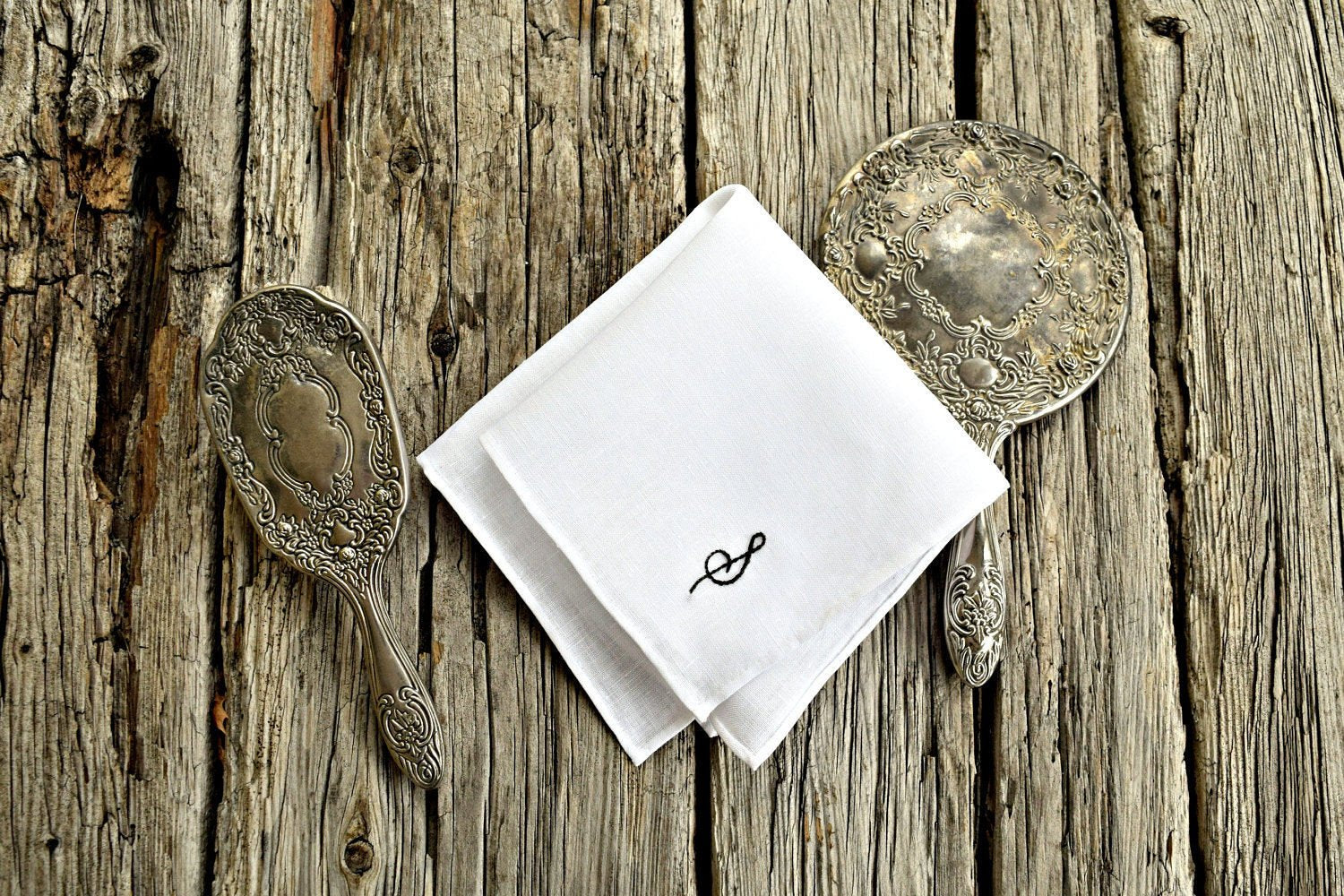 White Irish linen handkerchief with hand embroidered initial and hand rolled hem