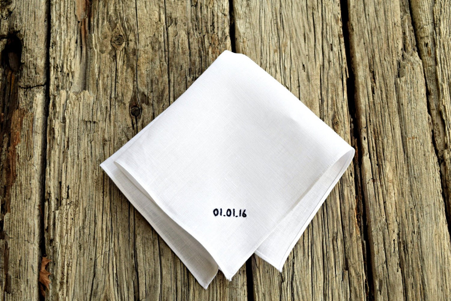 Irish linen handkerchief in white embroidered with wedding date