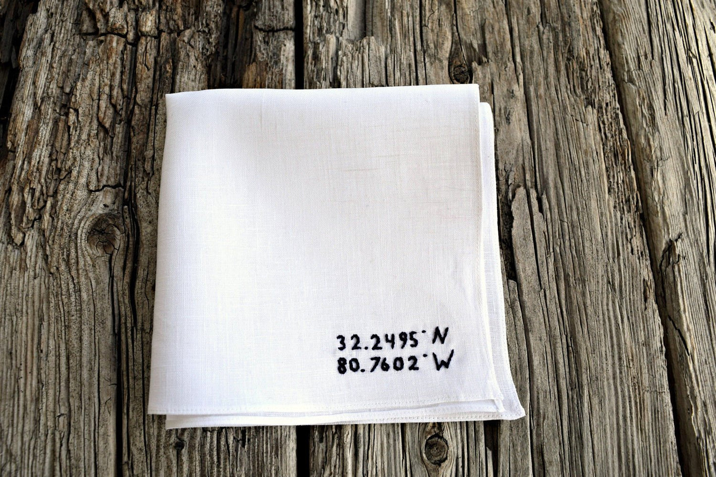 Embroidered wedding handkerchief with latitude and longitude