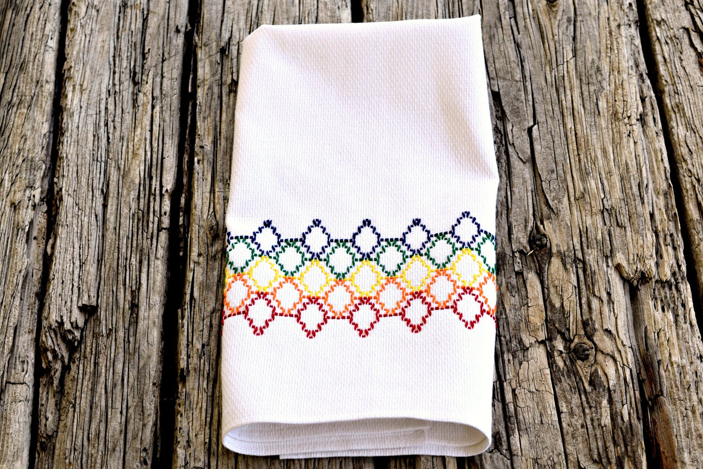 Diamond Tile Embroidered Huck Tea Towel