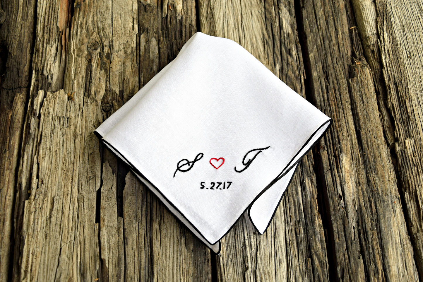 White linen hankie with black satin border and custom sweetheart monogram in black and red