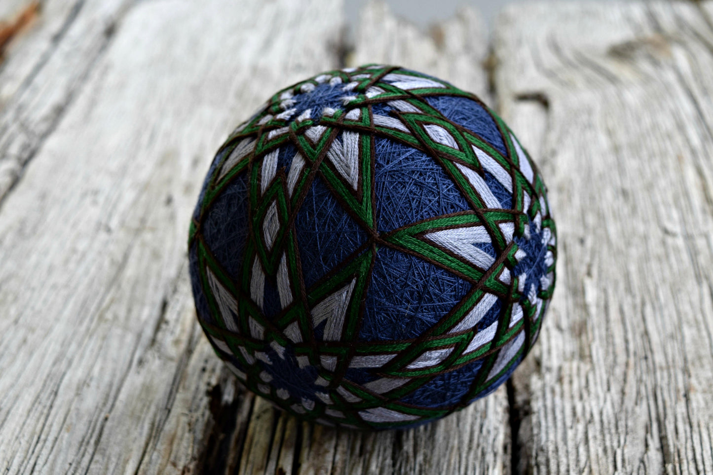 Blue, grey, and green temari showing intersection where star points meet