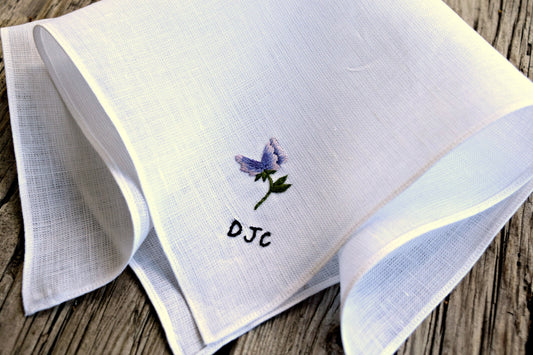Sweet Pea Hand Embroidered Irish Linen Handkerchief