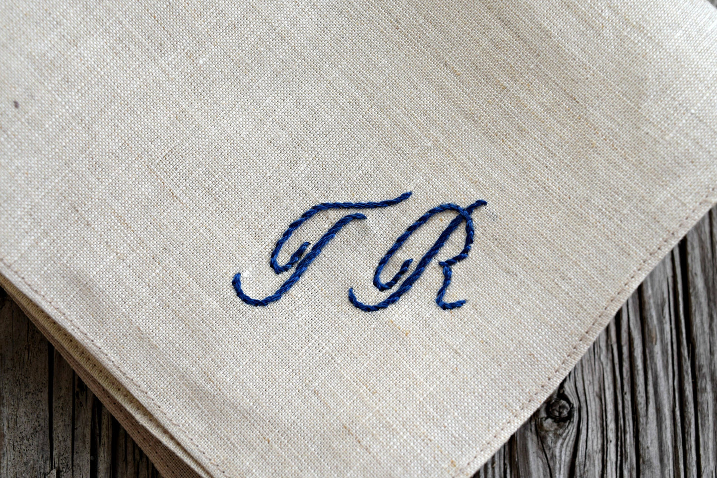 Oatmeal Linen Handkerchief Monogrammed with Two Initials: Simple and Sweet