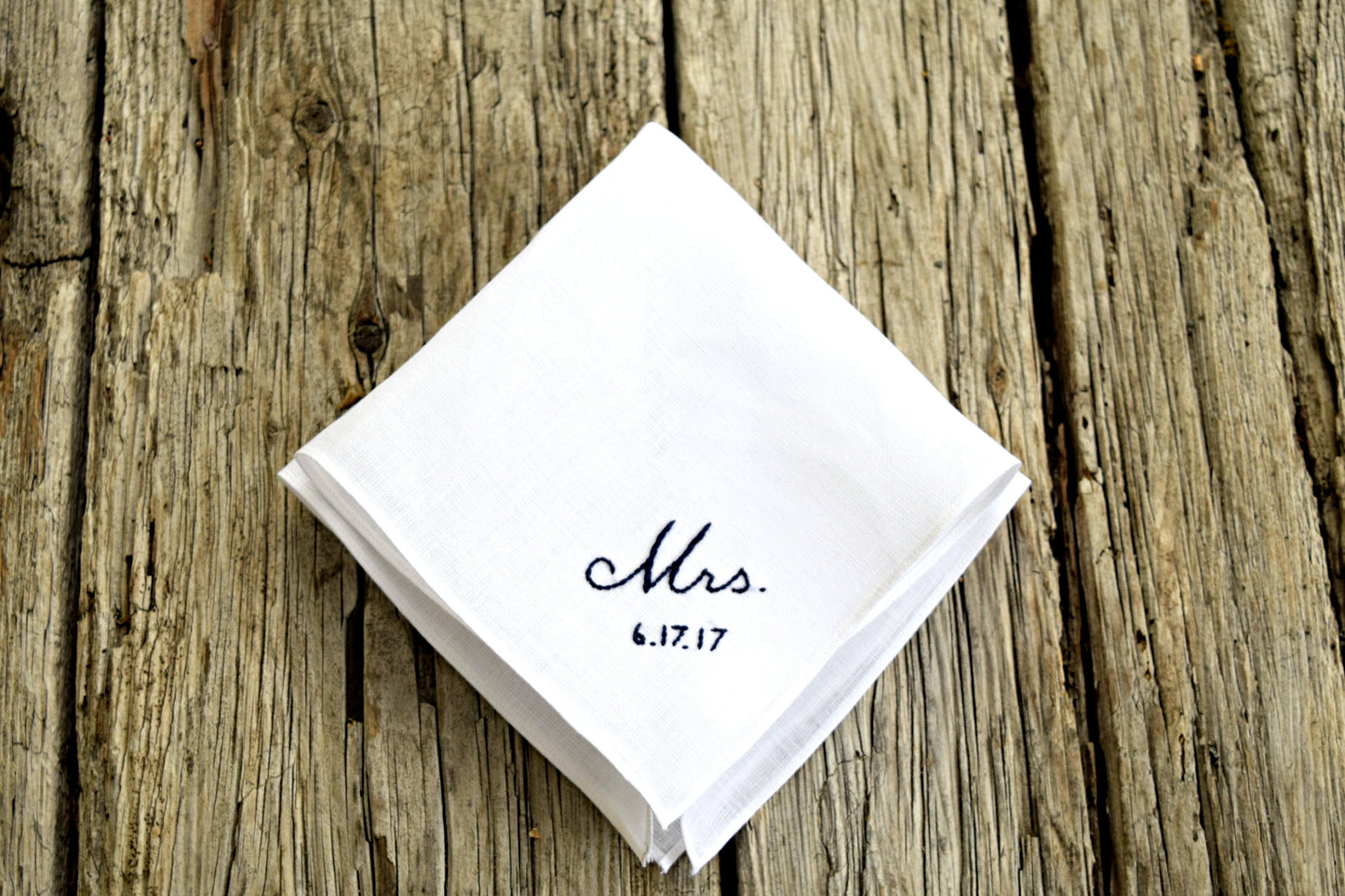 Irish linen handkerchief hand embroidered with Mrs. and wedding date in black