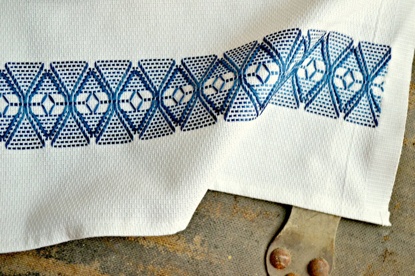Hand Stitched Tea Towel in Indigo Blues