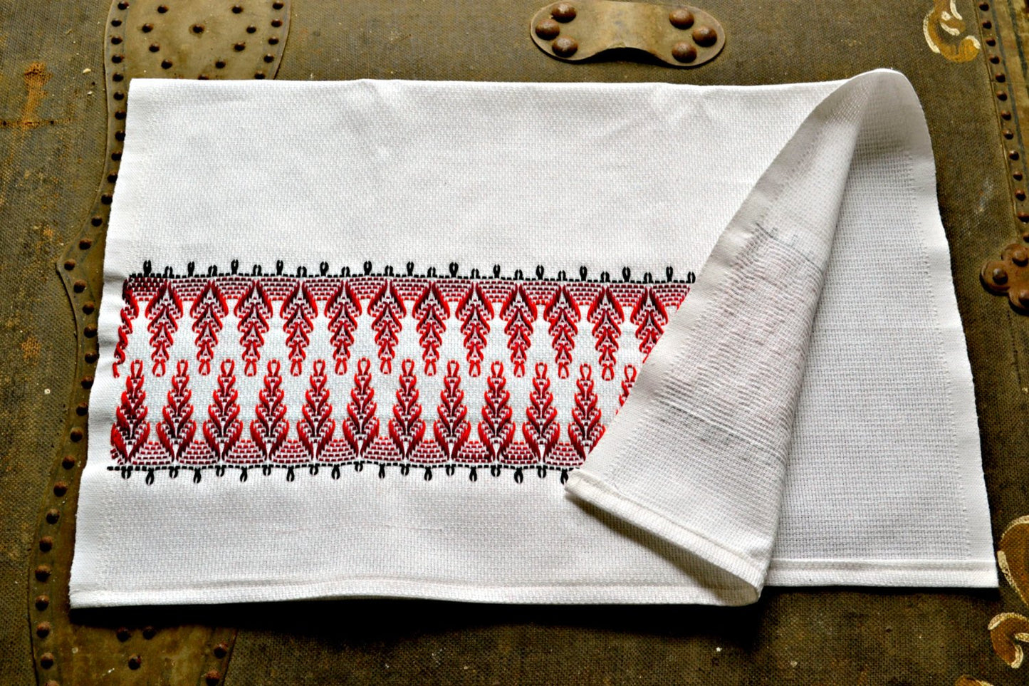 Hand Stitched Kitchen Towel in Black and Reds