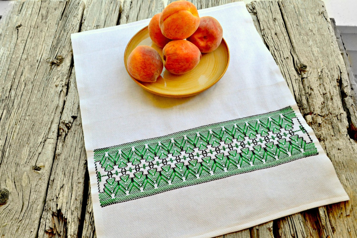 Hand Stitched Folk Pattern Tea Towel in Green