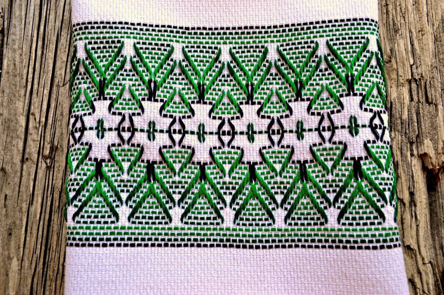 Hand Stitched Folk Pattern Tea Towel in Green