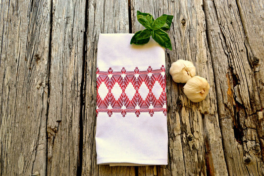 Red Diamonds Hand Stitched Huckaback Kitchen Towel