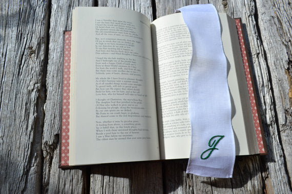 Hand embroidered white linen bookmark personalized with initial