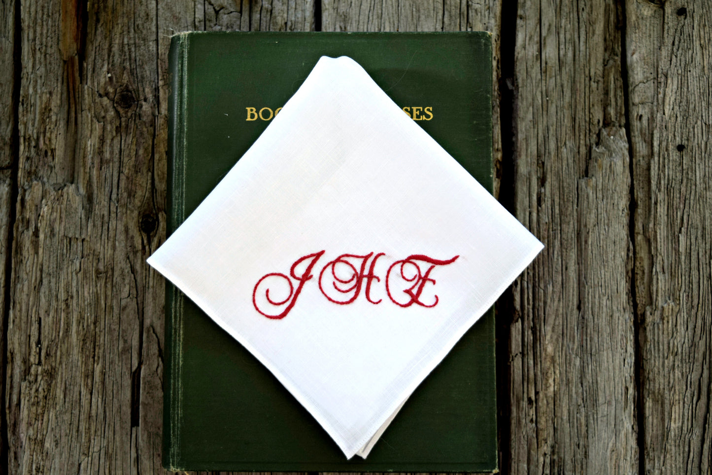 Personalized White Linen Handkerchief with Three Initials : Elegant Scrolls