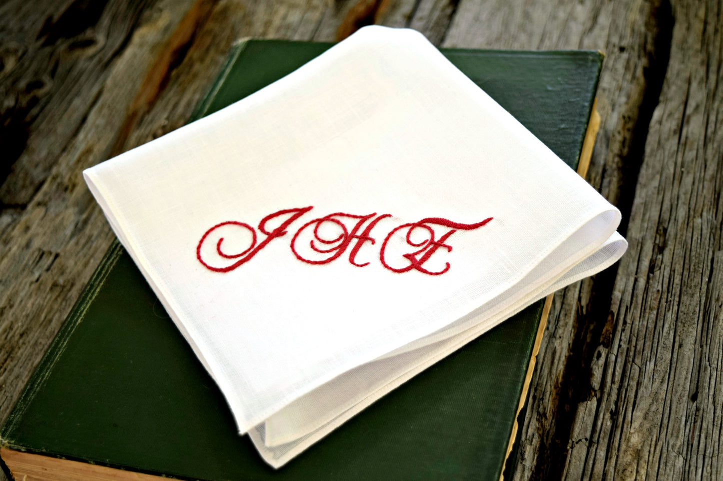 Personalized White Linen Handkerchief with Three Initials : Elegant Scrolls