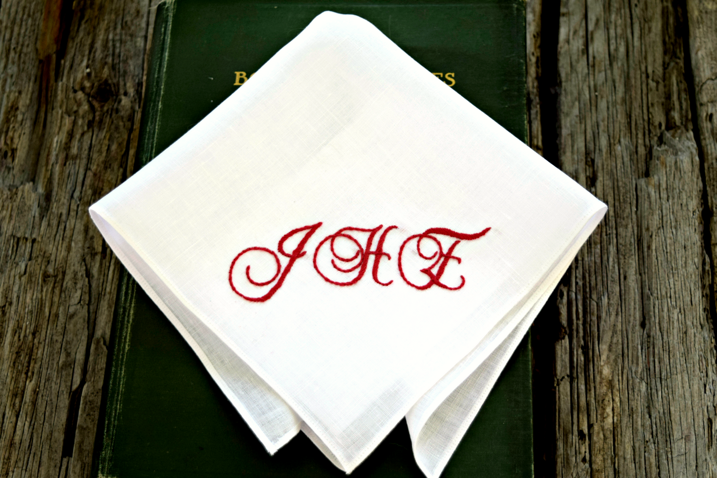 Personalized White Linen Handkerchief with Three Initials : Elegant Scrolls