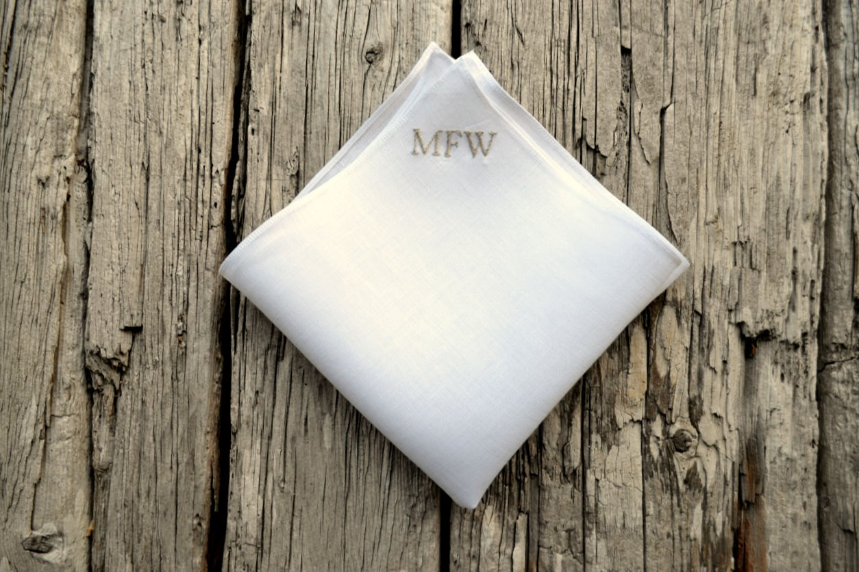 Irish linen hankie with initials MFW hand embroidered in top corner in classic block lettering
