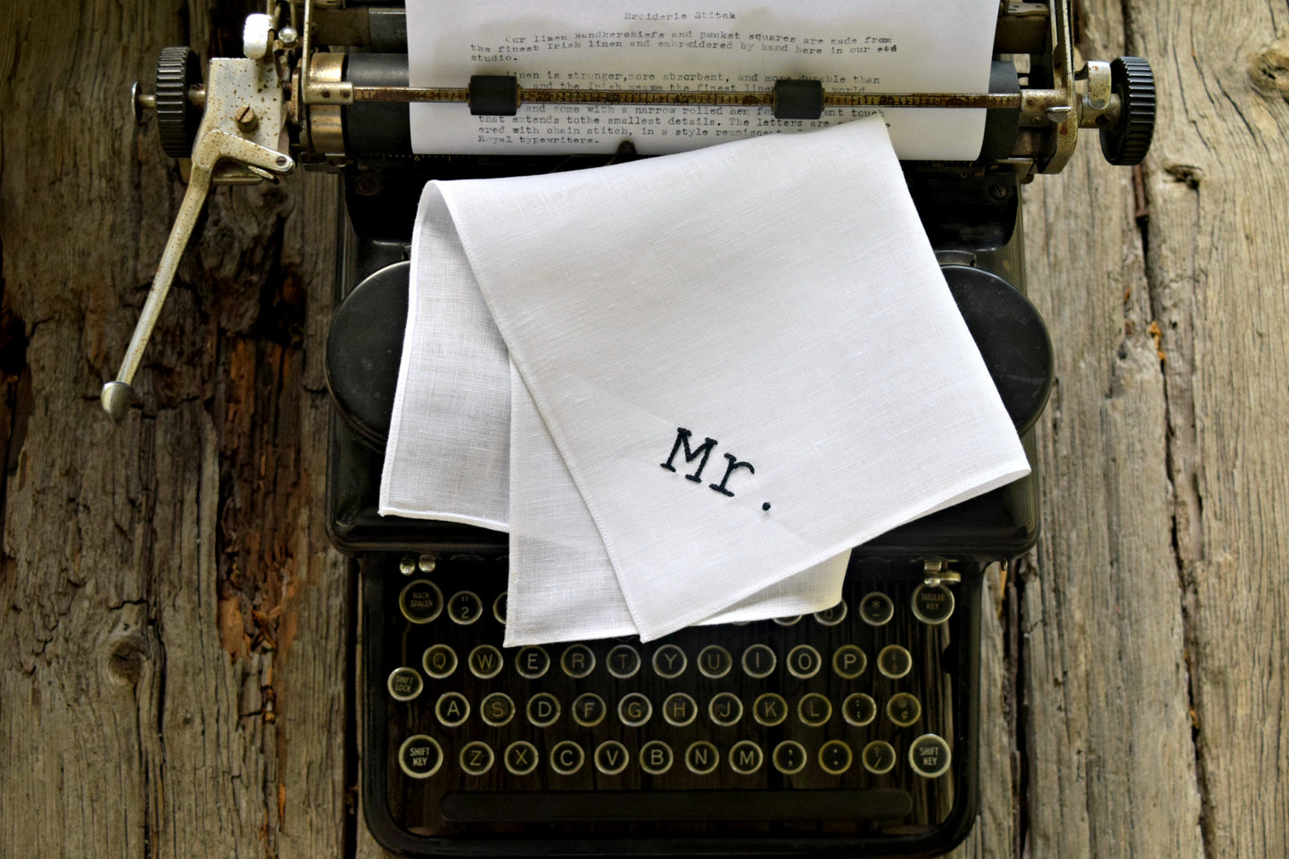 Linen pocket square embroidered Mr. on old Royal typewriter