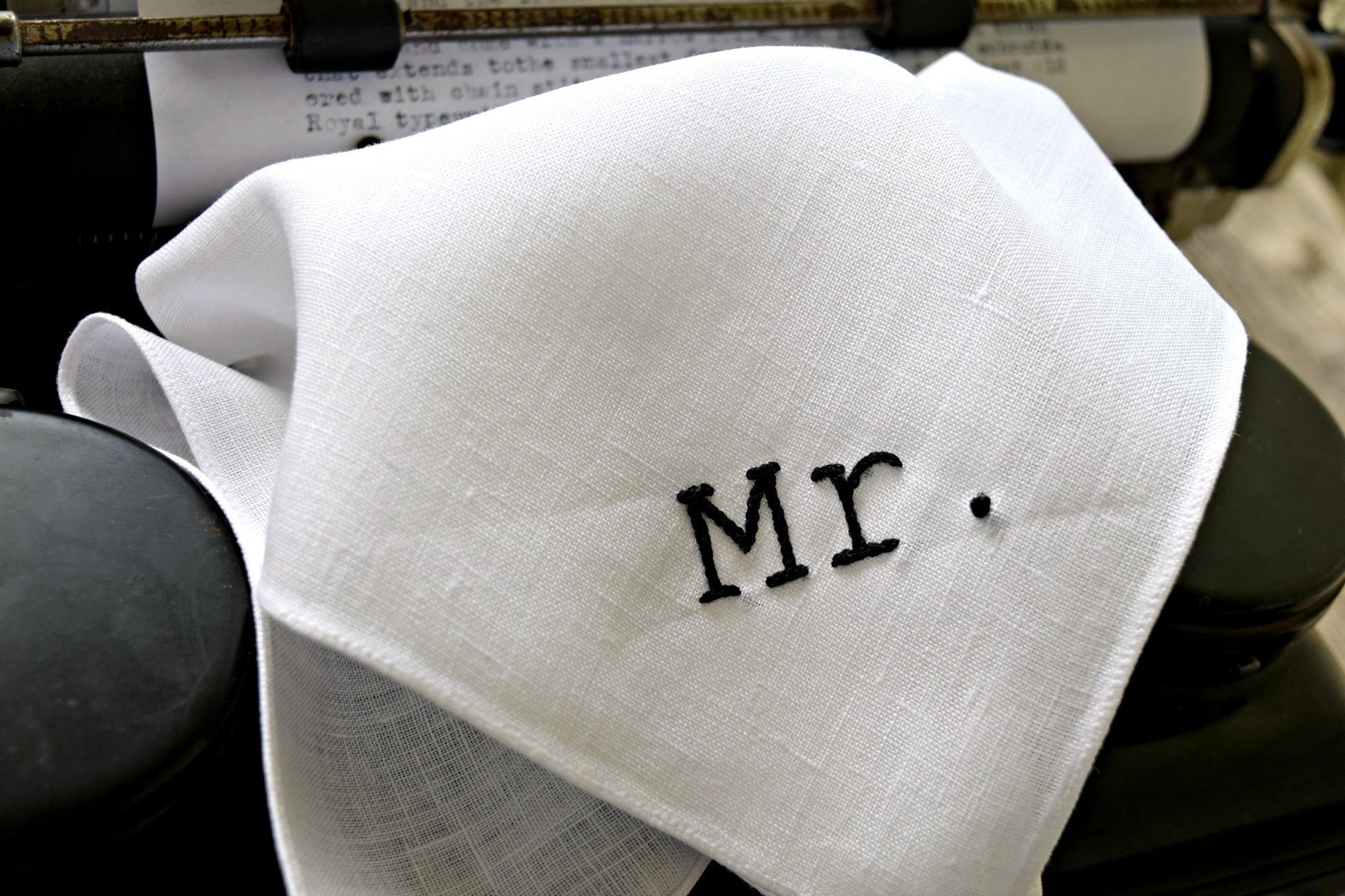 White Irish linen handkerchief embroidered with Mr. in black in typewriter font 