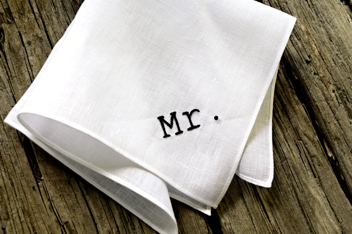 White Irish linen pocket square hand embroidered with Mr. in a typewriter font