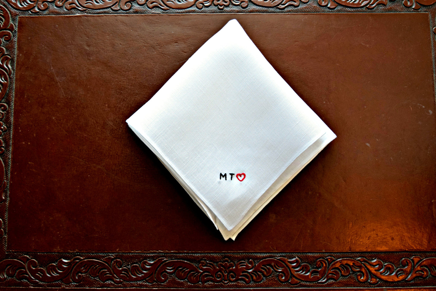 White Irish linen handkerchief embroidered MT (heart) in tiny block letters