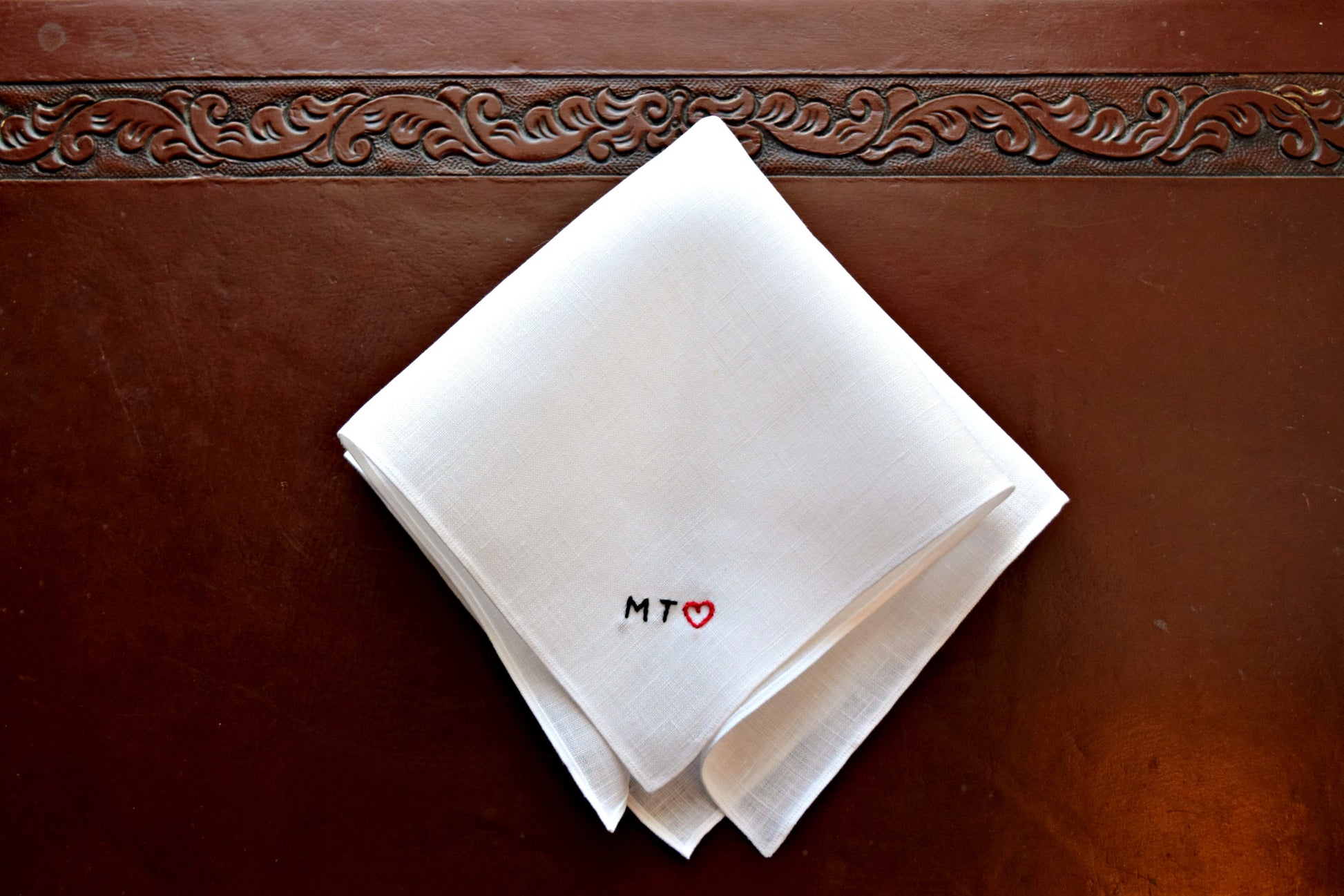 Irish linen pocket square embroidered with minimalist initials and red heart