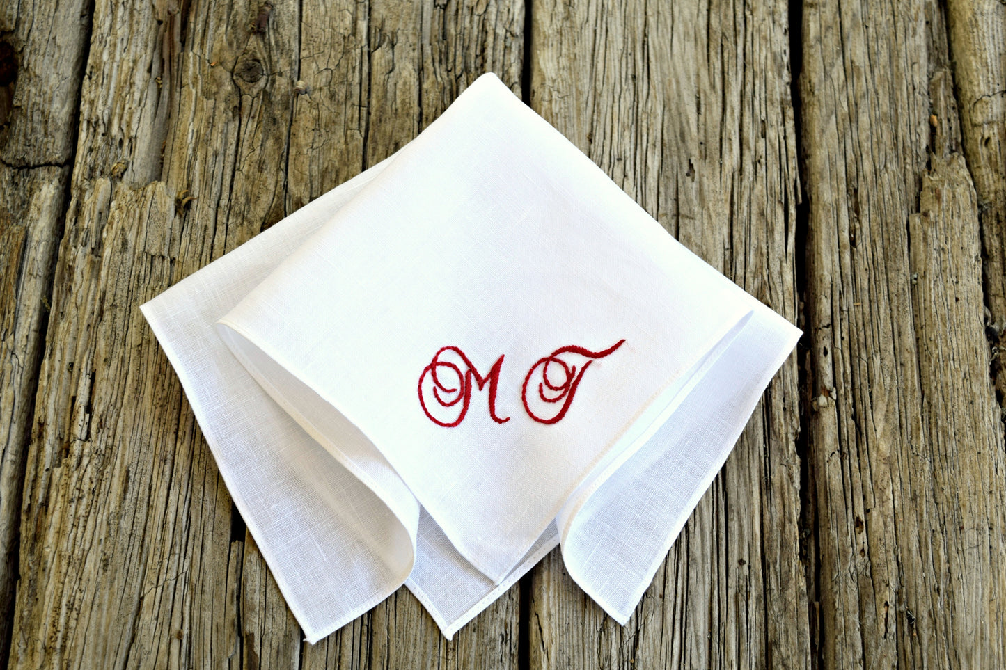 Personalized White Linen Handkerchief with Two Initials : Elegant Scrolls