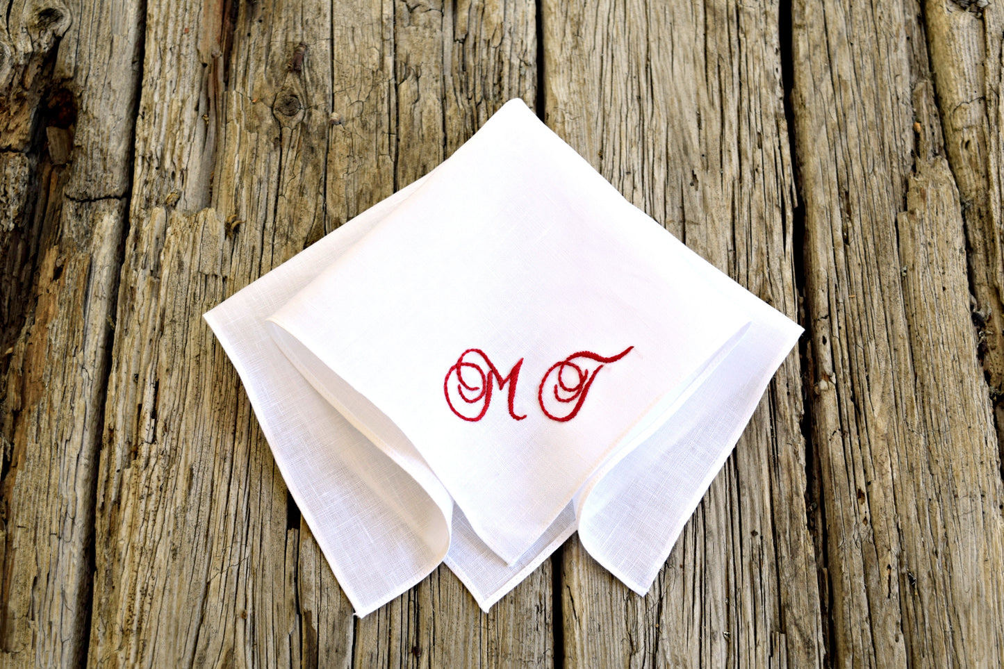Personalized White Linen Handkerchief with Two Initials : Elegant Scrolls