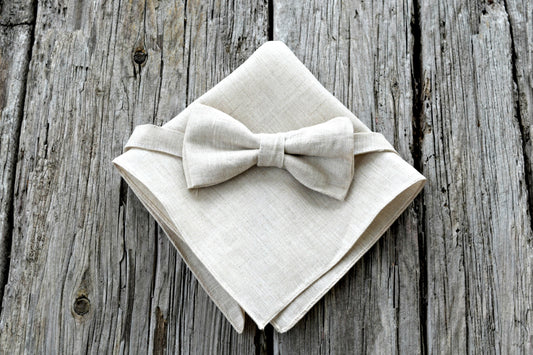 Oatmeal Irish Linen Bow Tie and Pocket Square Set