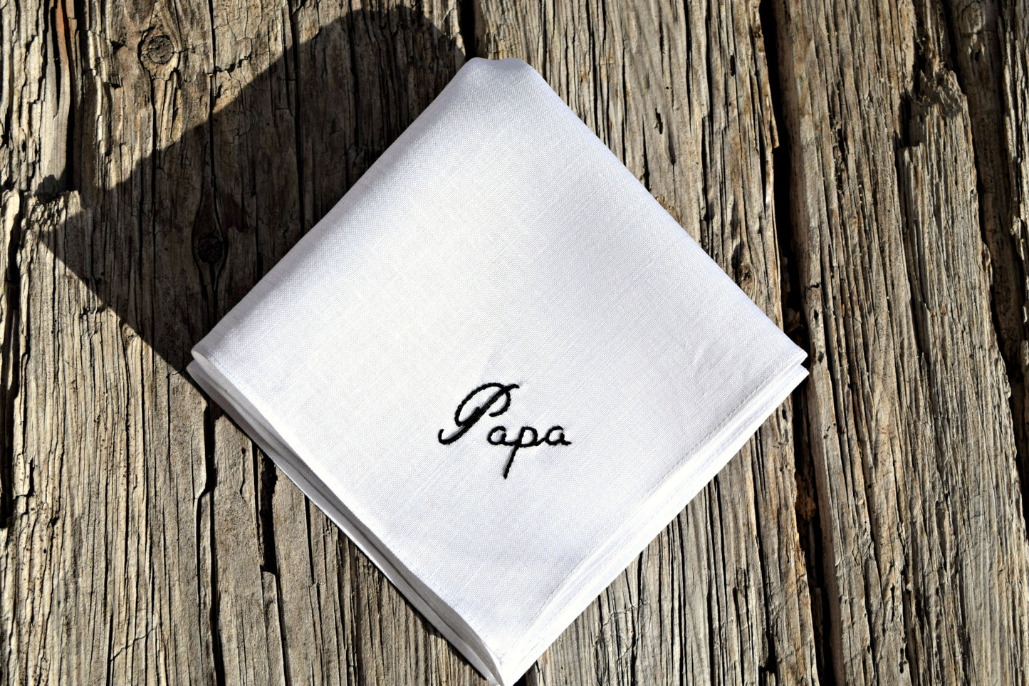 White linen pocket square embroidered Papa in script
