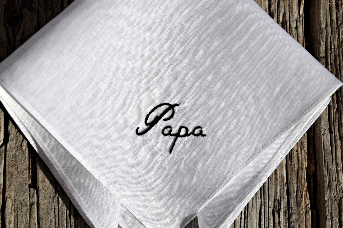 Irish linen handkerchief with the name 'Papa' in black