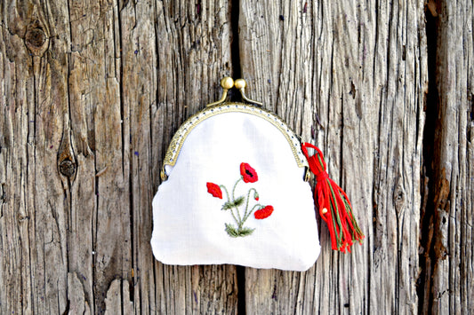 Hand Embroidered Poppy Change Purse with Tassel