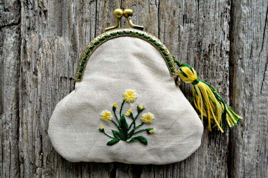 Hand Embroidered Primrose Change Purse with Tassel