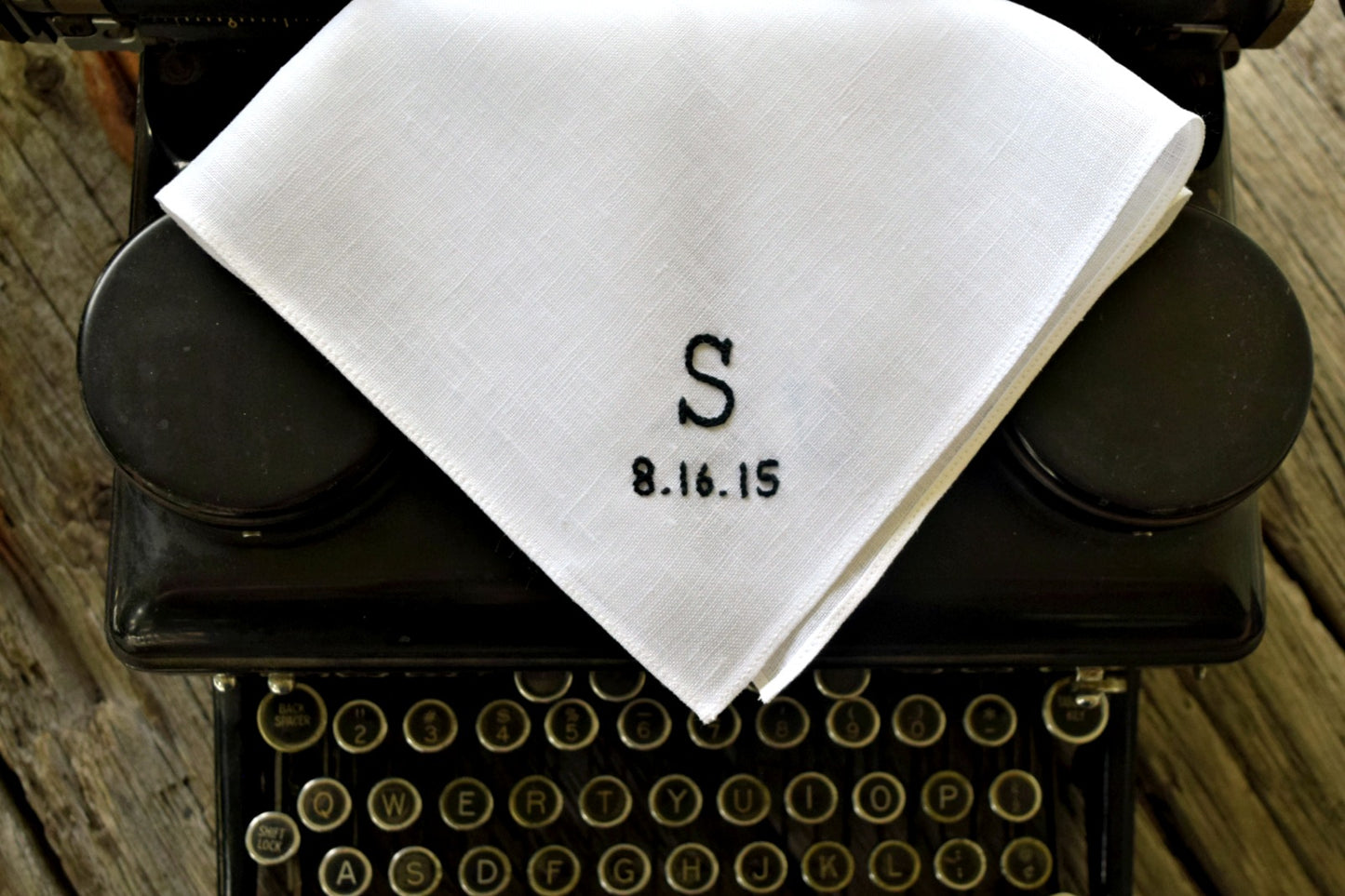 White Irish linen handkerchief with typewriter font initial and date