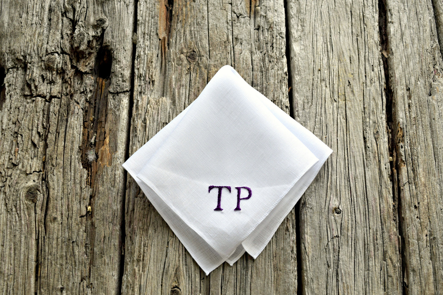 Monogrammed White Linen Pocket Square : Two Initials, Classic Script