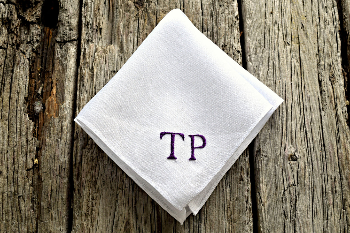 Monogrammed White Linen Pocket Square : Two Initials, Classic Script