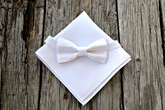 White Irish Linen Bow Tie and Pocket Square Set